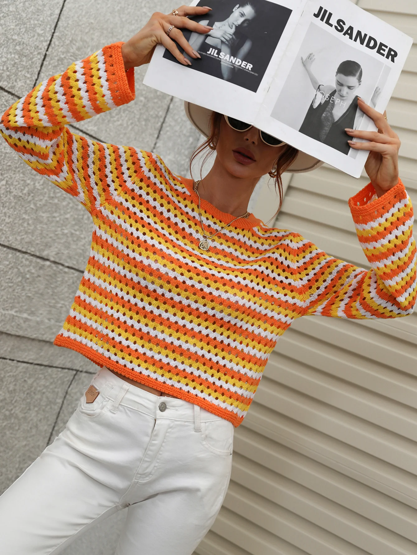 PERFORATED STRIPE PATTERN KNIT TOP - ORANGE - Image 3