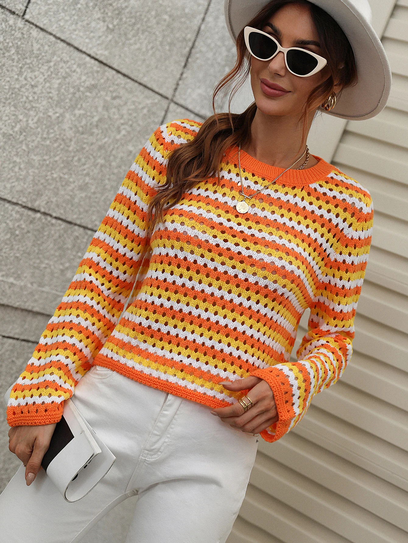 PERFORATED STRIPE PATTERN KNIT TOP - ORANGE - Image 4
