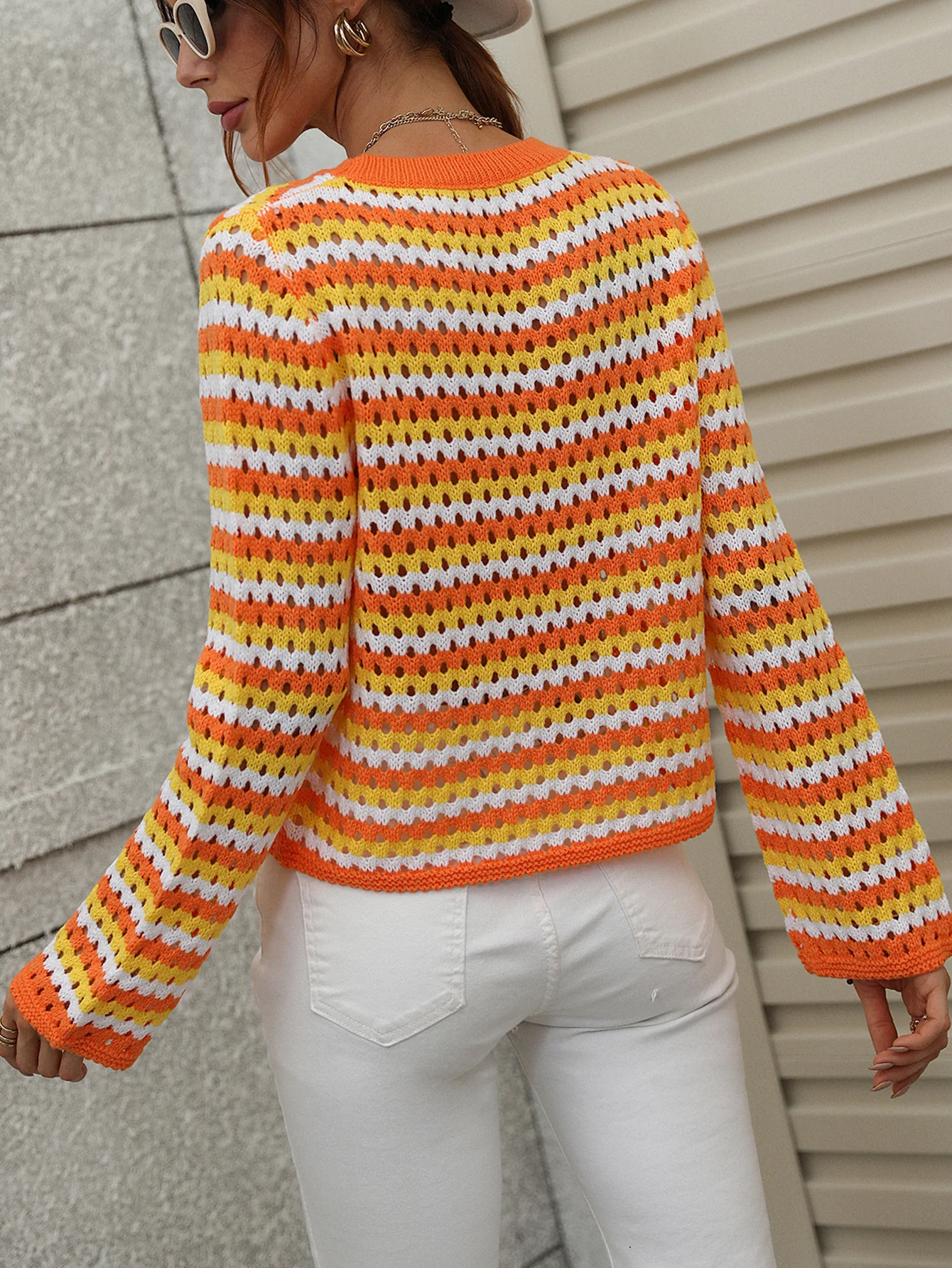 PERFORATED STRIPE PATTERN KNIT TOP - ORANGE - Image 5