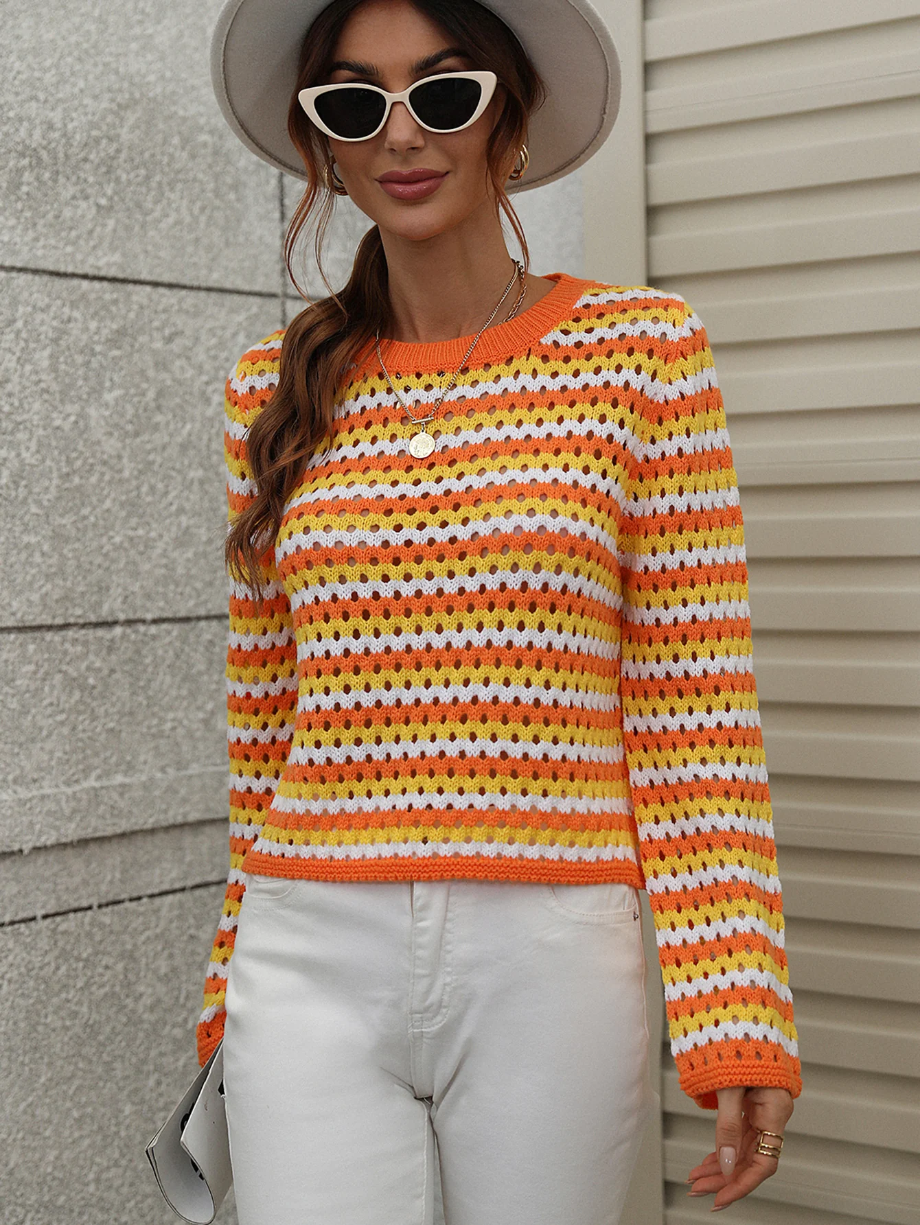 PERFORATED STRIPE PATTERN KNIT TOP - ORANGE - Image 6