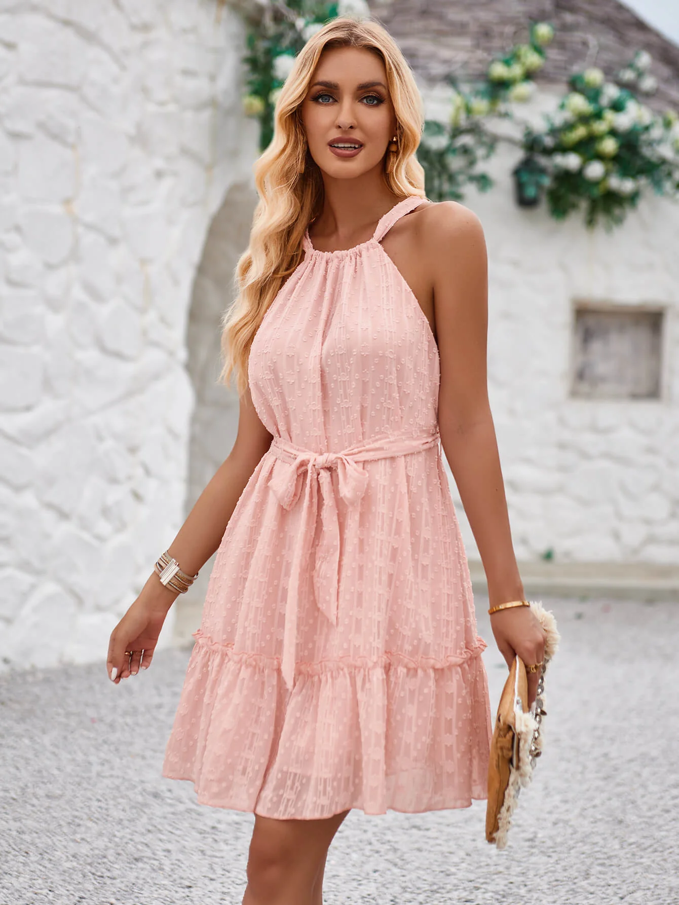Priscilla Halter Babydoll Mini Dress - Pink - Image 6