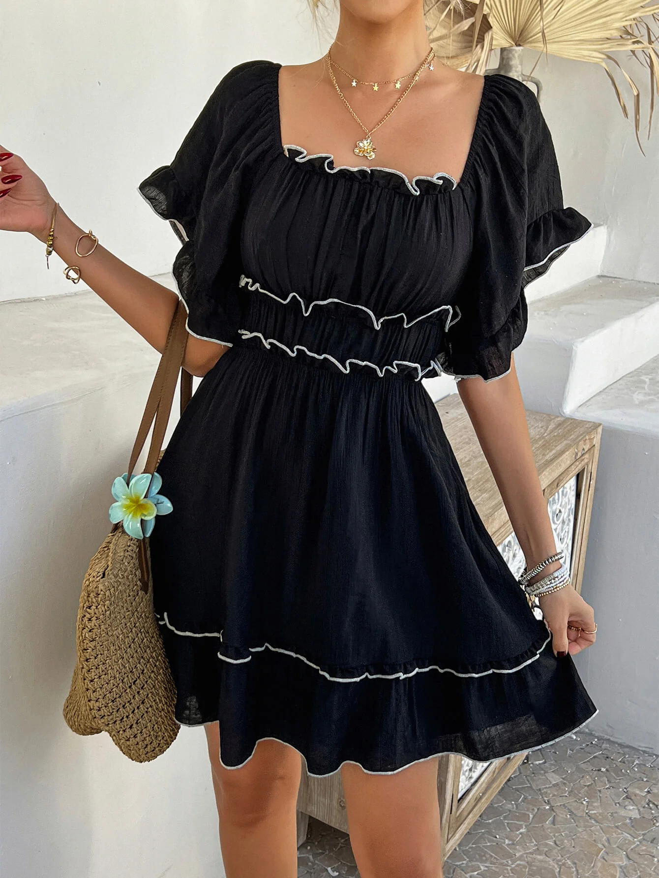 Pure Essence Smocked Babydoll Mini Dress - black - Image 5