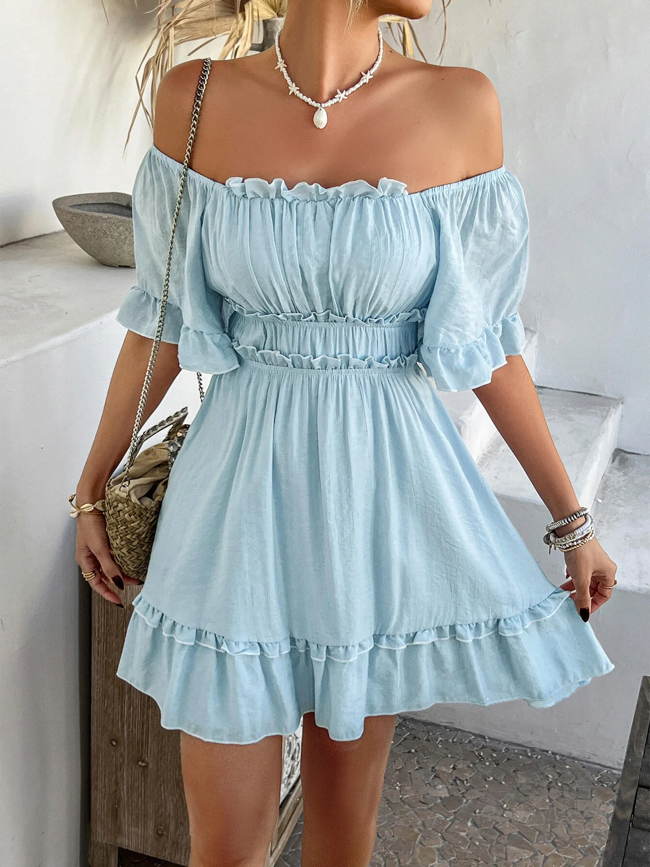 Pure Essence Smocked Babydoll Mini Dress - blue - Image 6