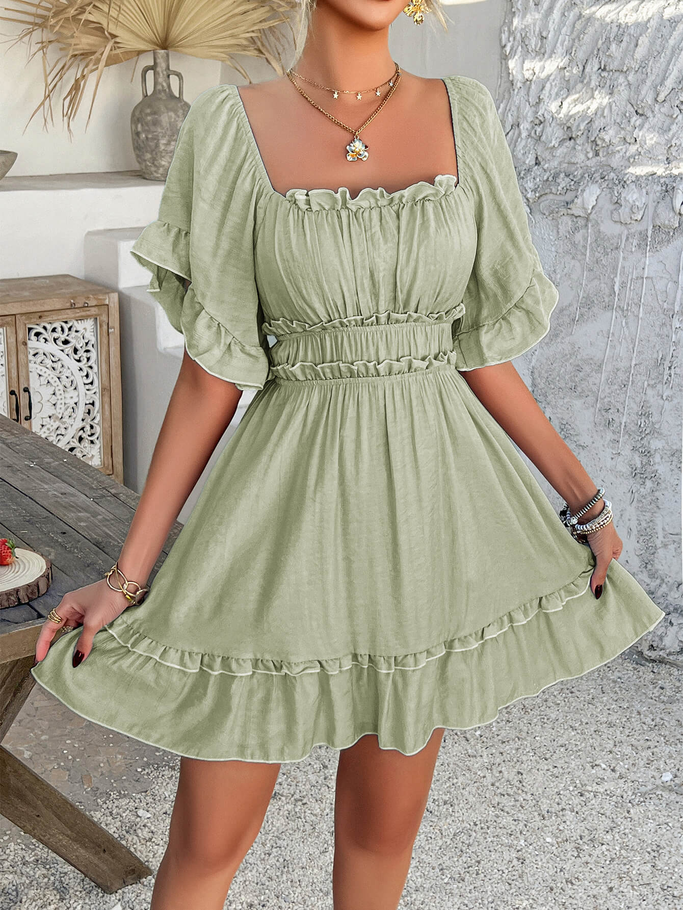 Pure Essence Smocked Babydoll Mini Dress - sage - Image 3