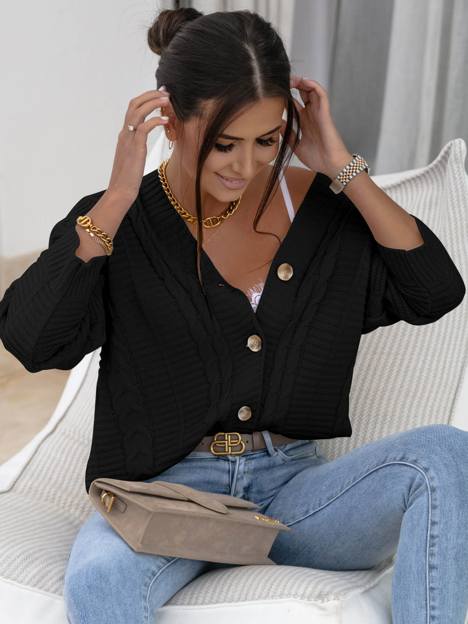 RACHAEL KNIT CARDIGAN - BLACK - Image 2