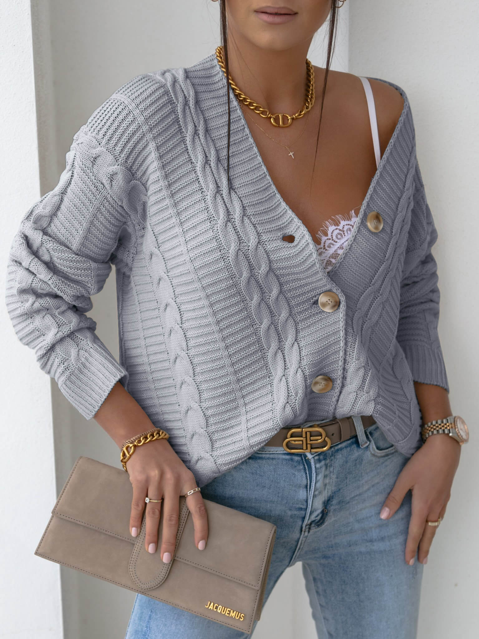 RACHAEL KNIT CARDIGAN - GREY - Image 3