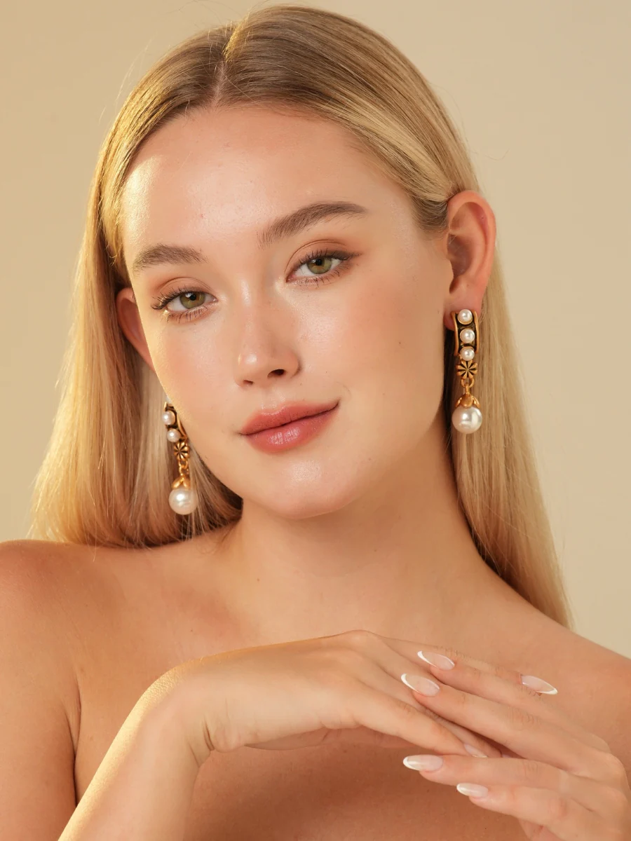 Raena Glaze Pearl Gold Plated Drop Earrings - Image 3