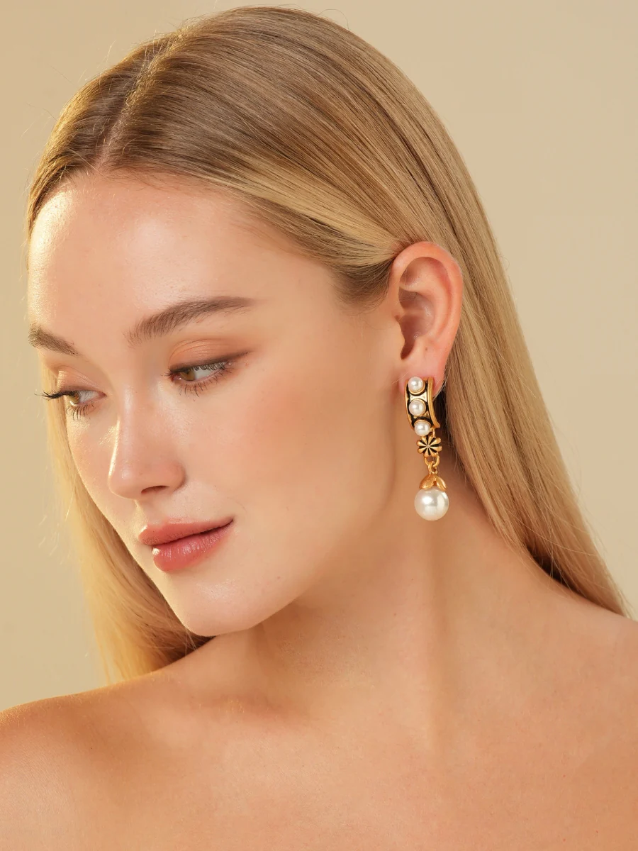 Raena Glaze Pearl Gold Plated Drop Earrings - Image 4