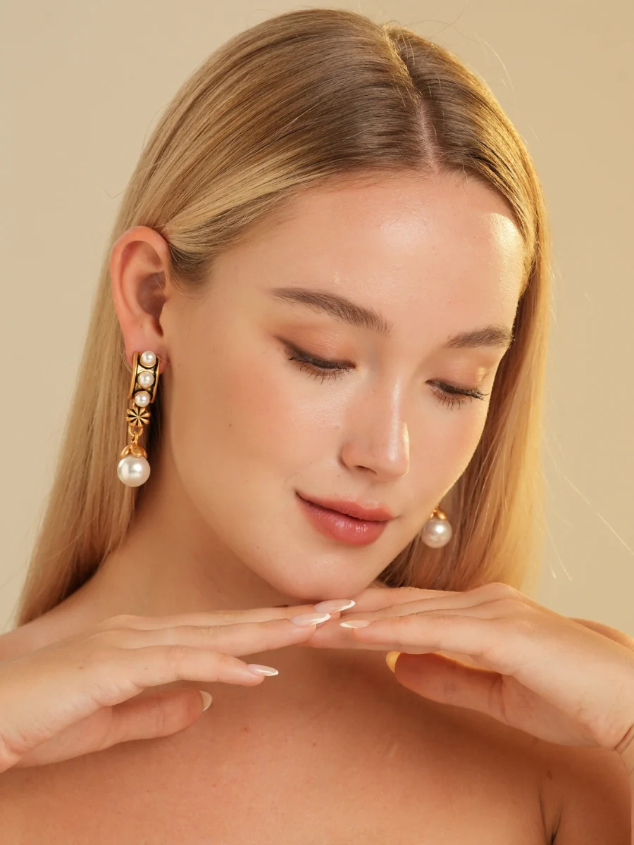 Raena Glaze Pearl Gold Plated Drop Earrings - Image 6