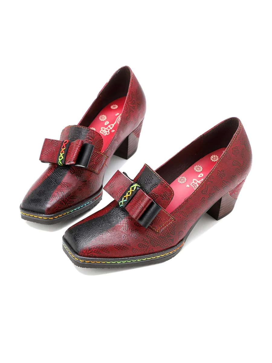 SOFFIA | Rainbow Stitch Bow Floral Embossed Leather Pump - Image 2
