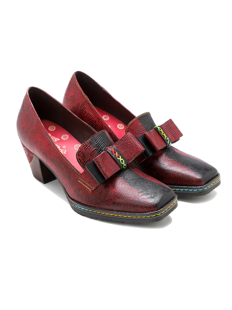 SOFFIA | Rainbow Stitch Bow Floral Embossed Leather Pump - Image 3