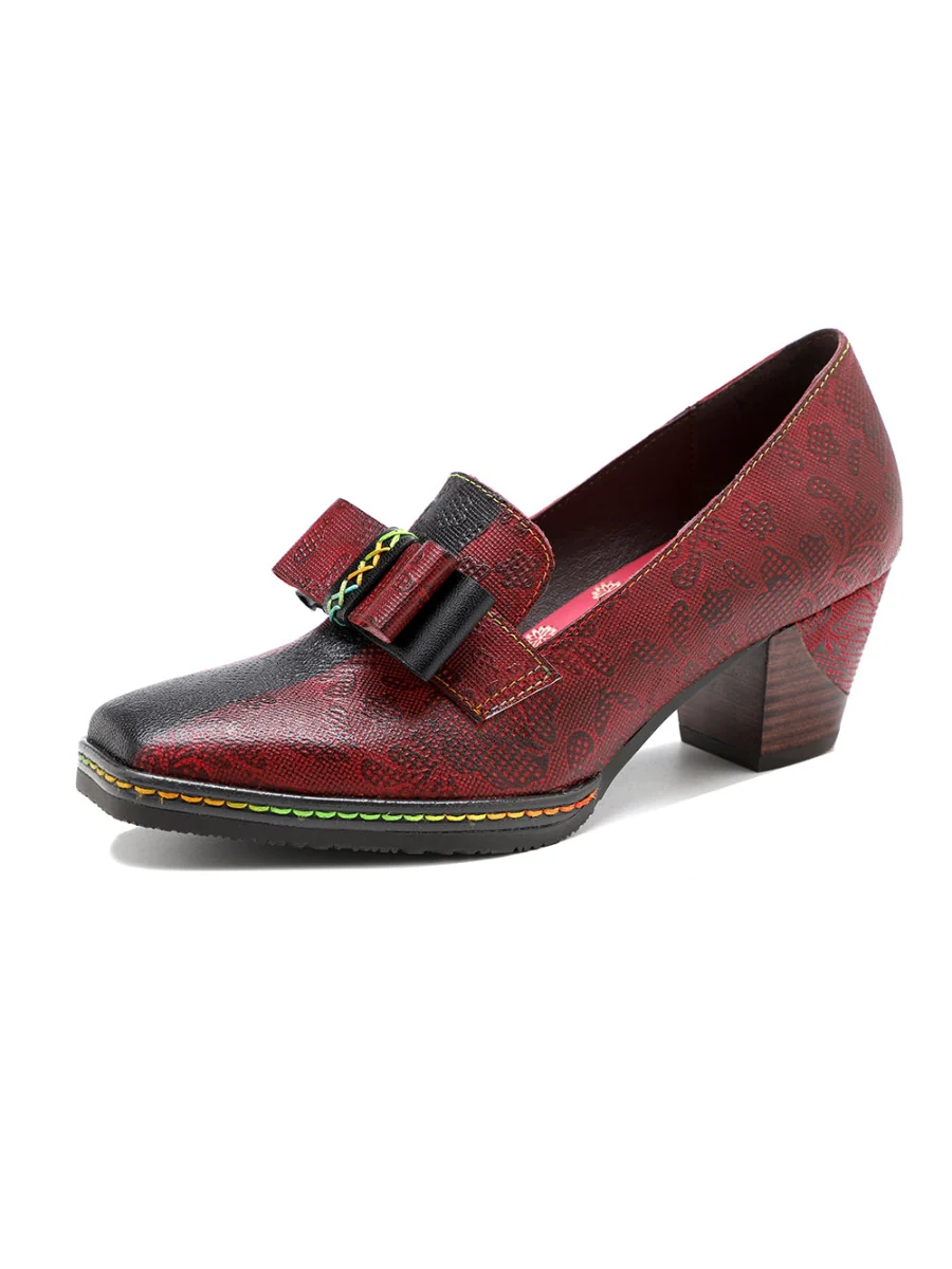 SOFFIA | Rainbow Stitch Bow Floral Embossed Leather Pump - Image 5