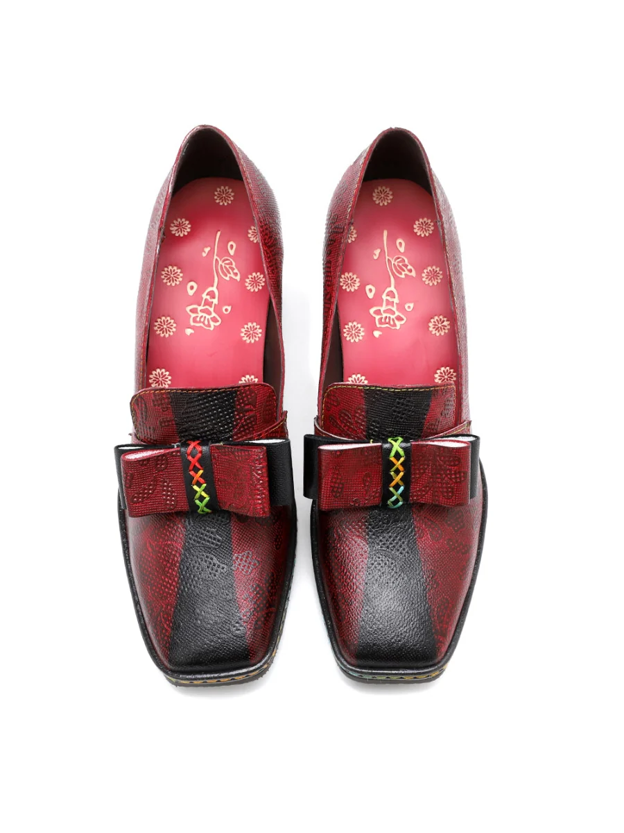 SOFFIA | Rainbow Stitch Bow Floral Embossed Leather Pump - Image 6