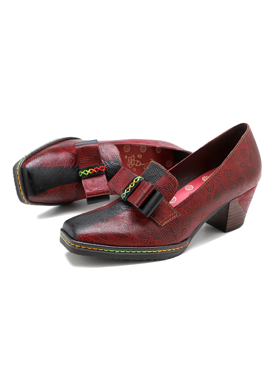 SOFFIA | Rainbow Stitch Bow Floral Embossed Leather Pump - Image 7