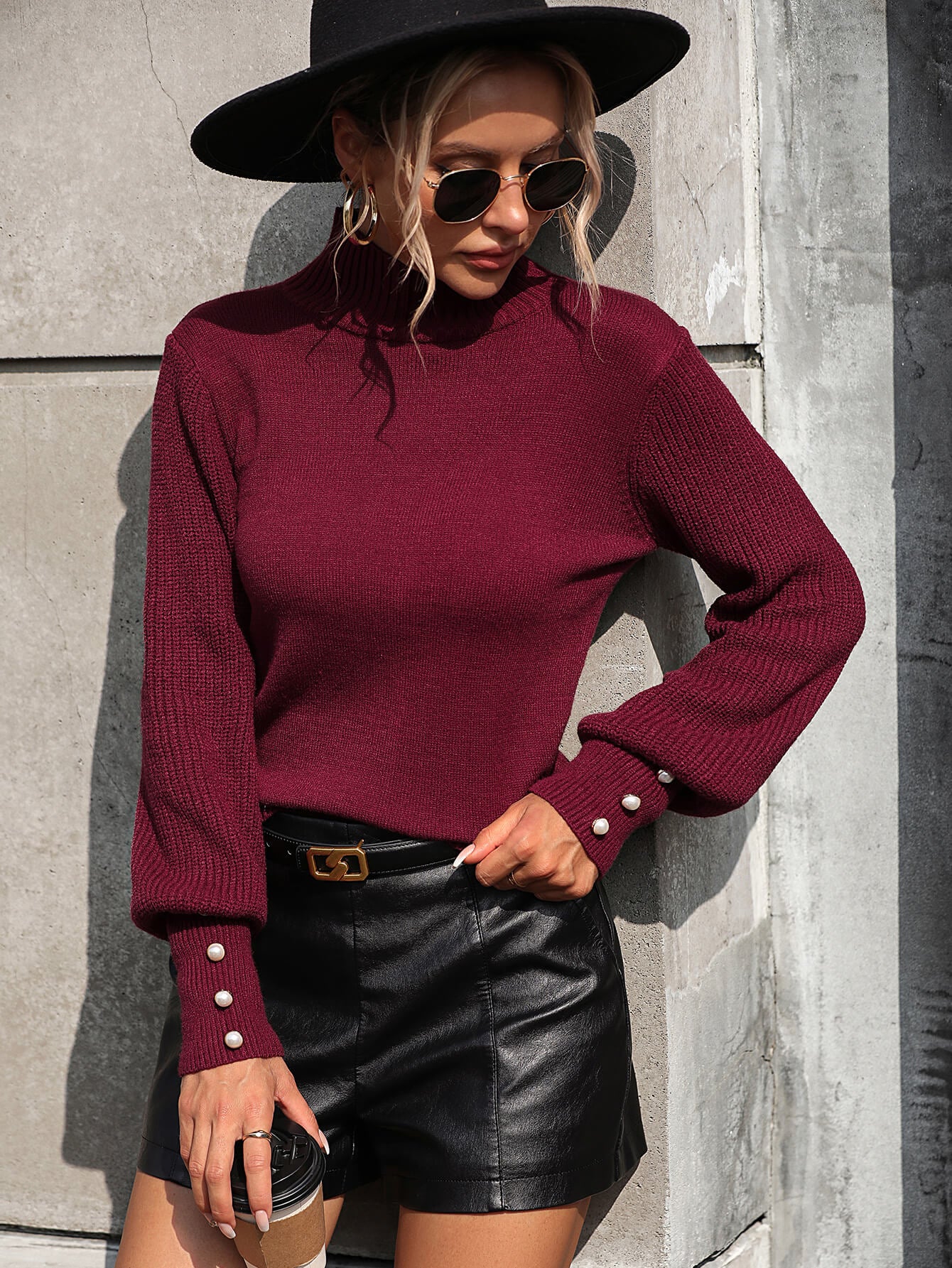 Raisman Pearl Turtleneck Knit Sweater - Burgundy - Image 6