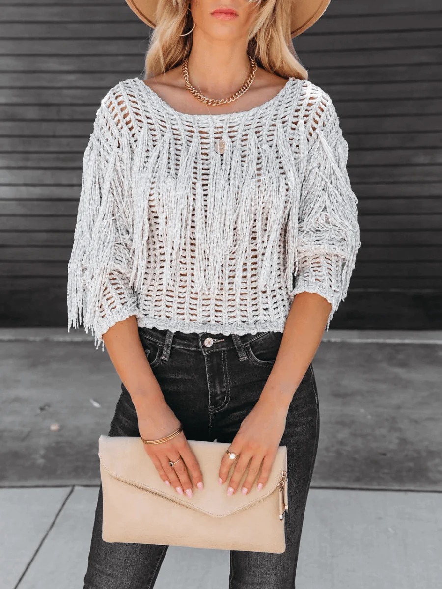 Ramy Crochet Fringe Sleeves Cover Up Top - Grey - Image 2