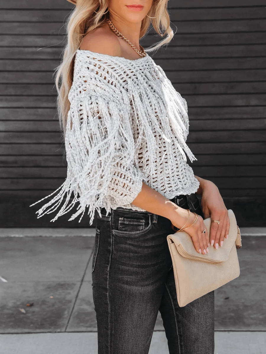 Ramy Crochet Fringe Sleeves Cover Up Top - Grey - Image 3