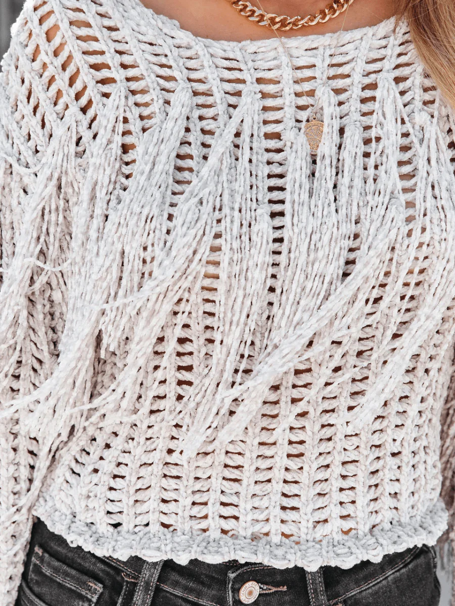 Ramy Crochet Fringe Sleeves Cover Up Top - Grey - Image 4