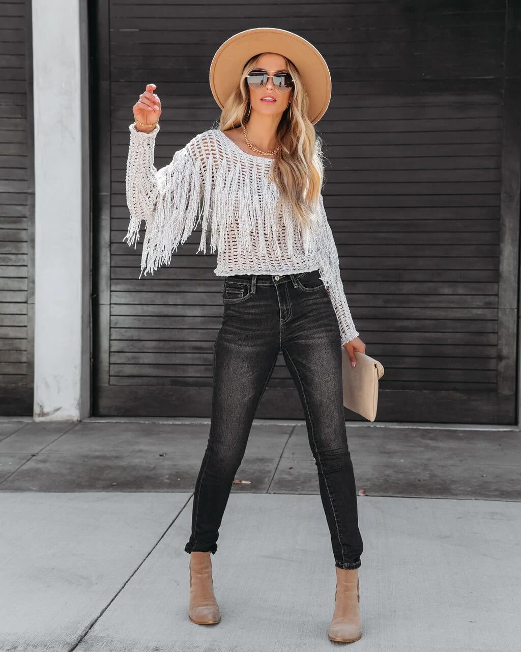 Ramy Crochet Fringe Sleeves Cover Up Top - Grey - Image 5