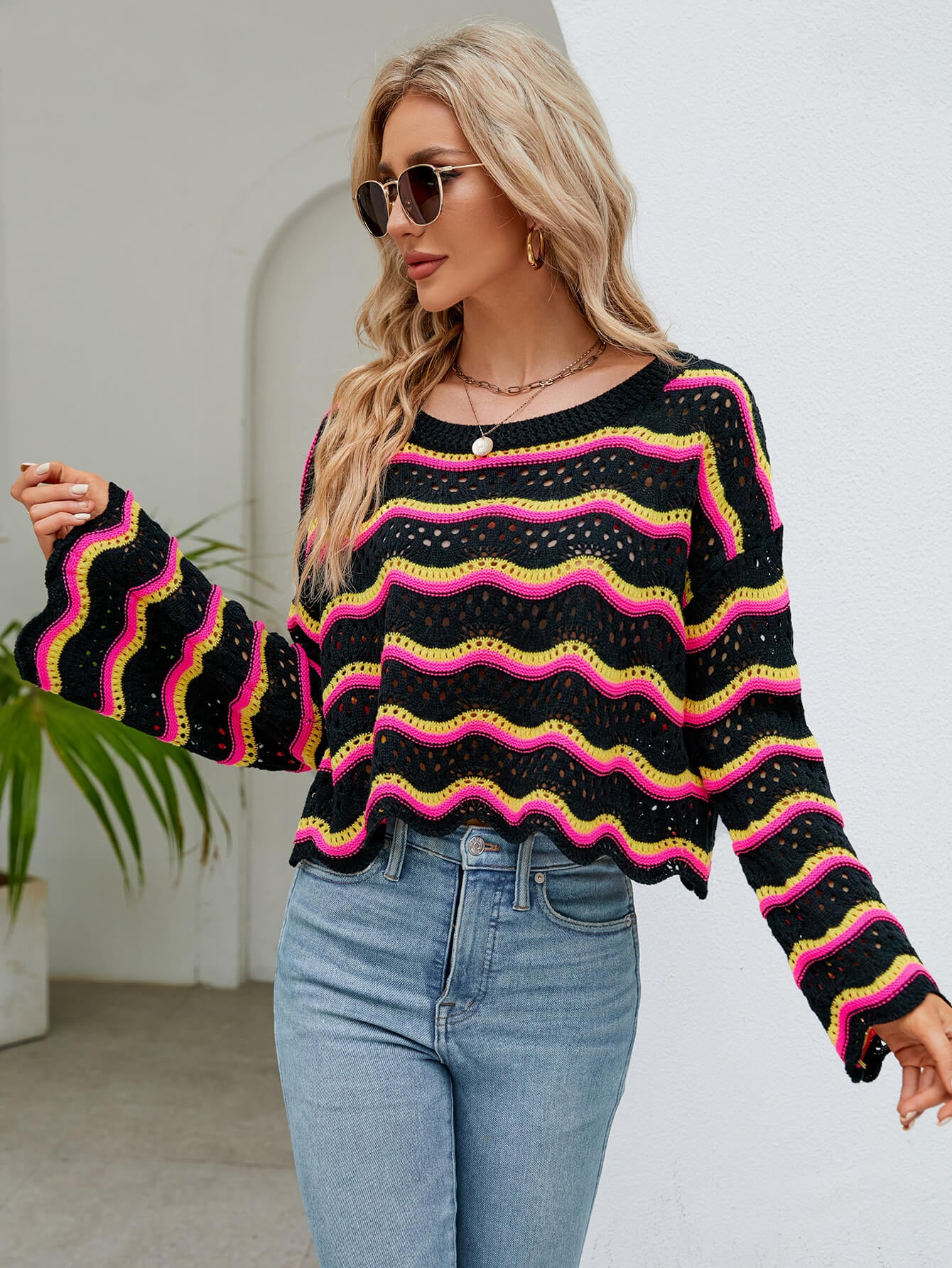 Reba Knit Striped Scalloped Hem Top - Black