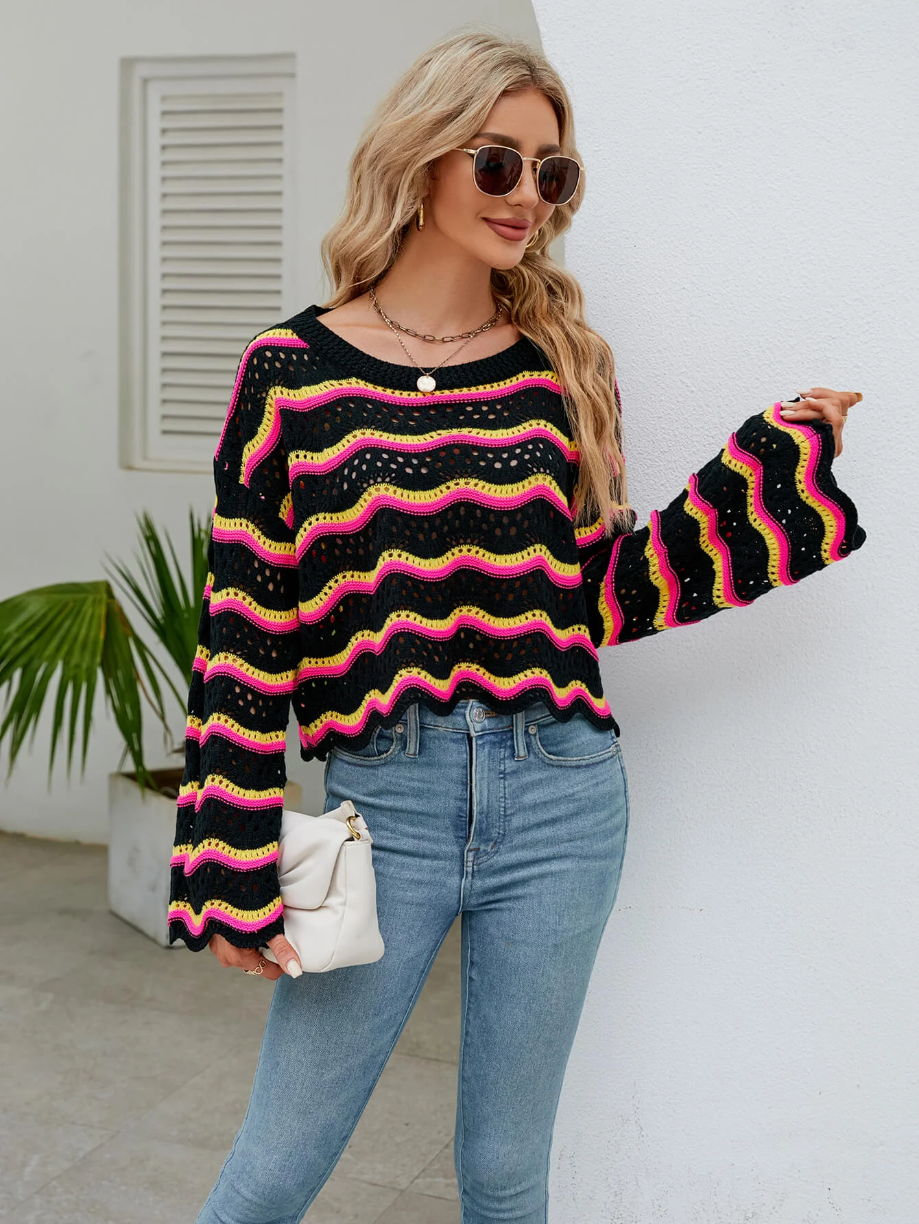 Reba Knit Striped Scalloped Hem Top - Black - Image 2