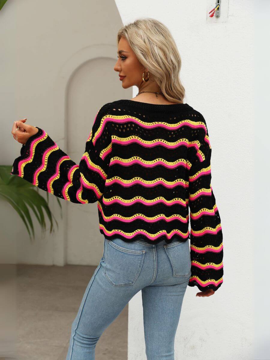 Reba Knit Striped Scalloped Hem Top - Black - Image 3