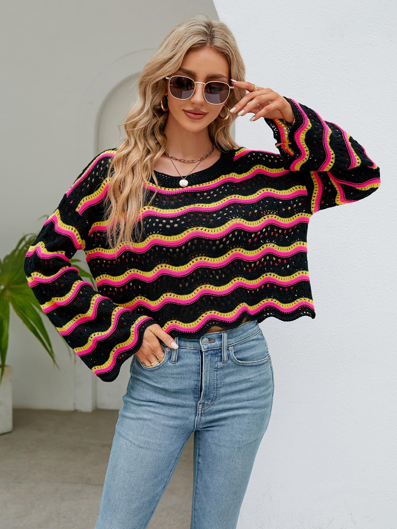 Reba Knit Striped Scalloped Hem Top - Black - Image 4