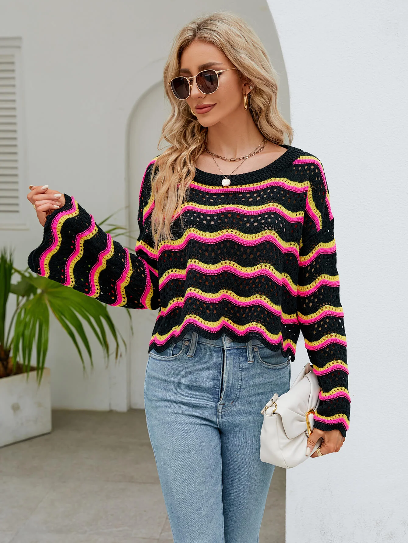 Reba Knit Striped Scalloped Hem Top - Black - Image 5