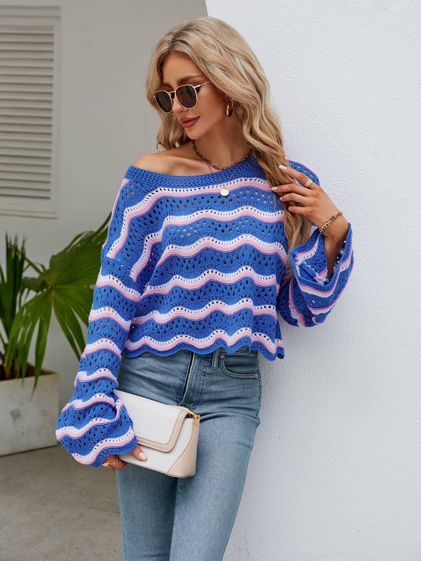 Reba Knit Striped Scalloped Hem Top - Blue - Image 2