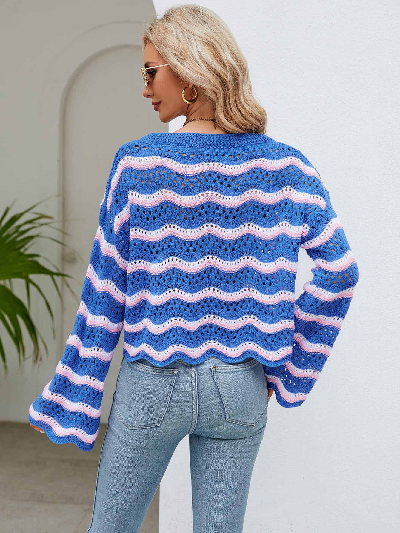 Reba Knit Striped Scalloped Hem Top - Blue - Image 3