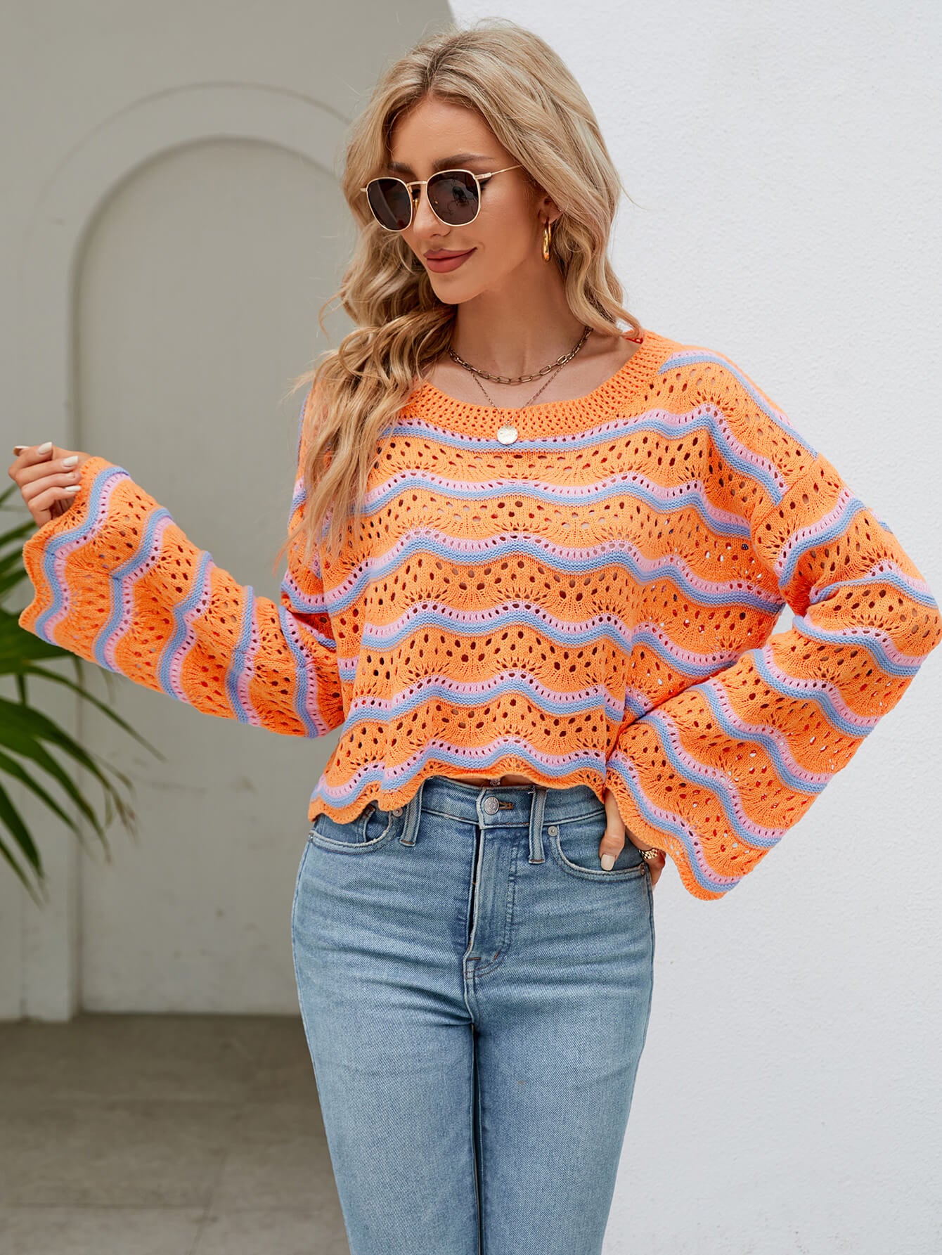 Reba Knit Striped Scalloped Hem Top - Orange - Image 2