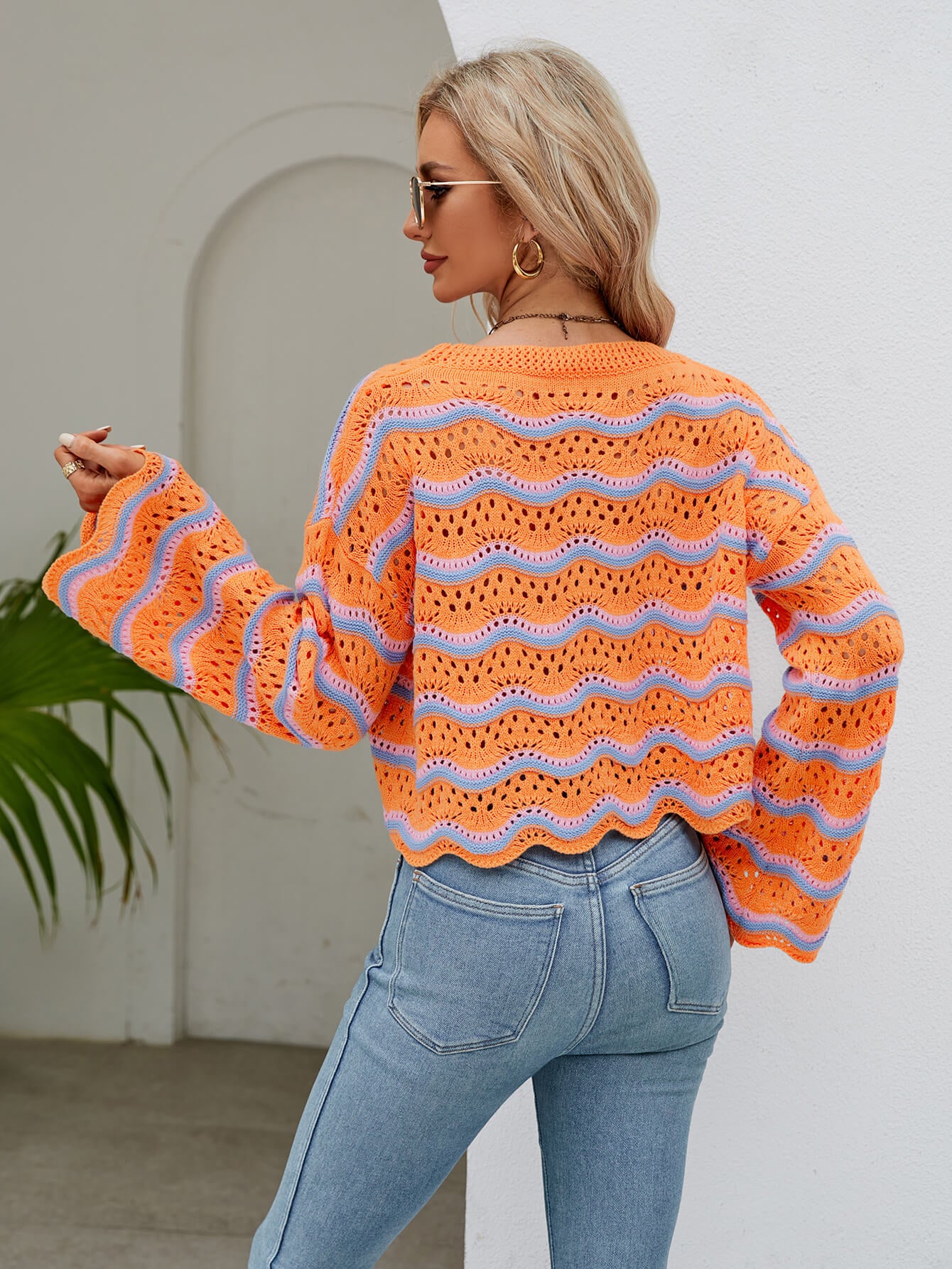 Reba Knit Striped Scalloped Hem Top - Orange - Image 3