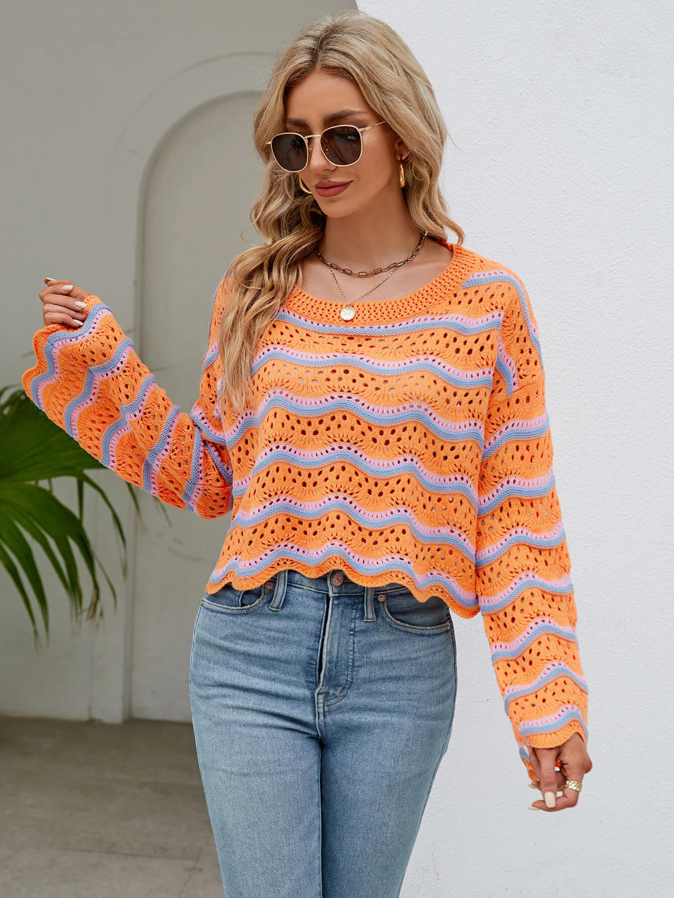 Reba Knit Striped Scalloped Hem Top - Orange - Image 5