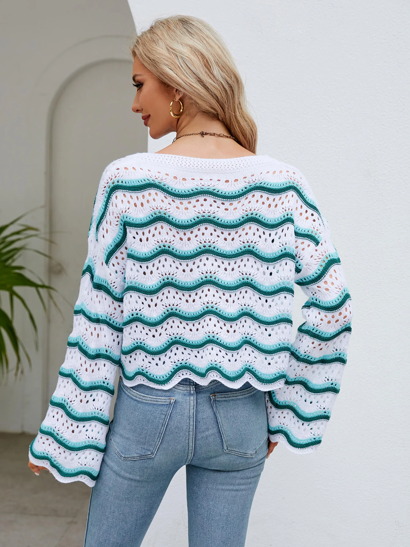 Reba Knit Striped Scalloped Hem Top - Turquoise - Image 3