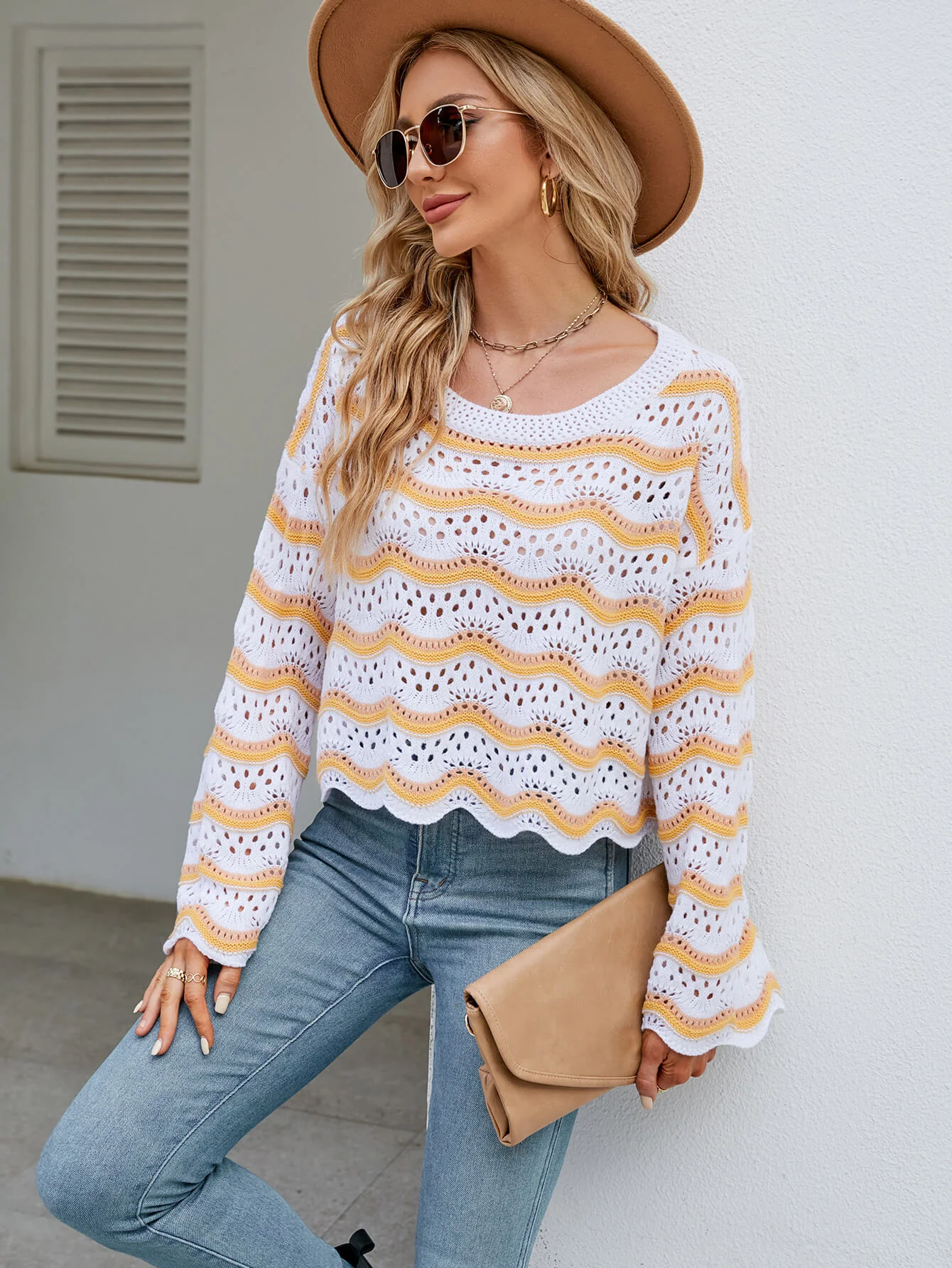 Reba Knit Striped Scalloped Hem Top - Yellow - Image 2