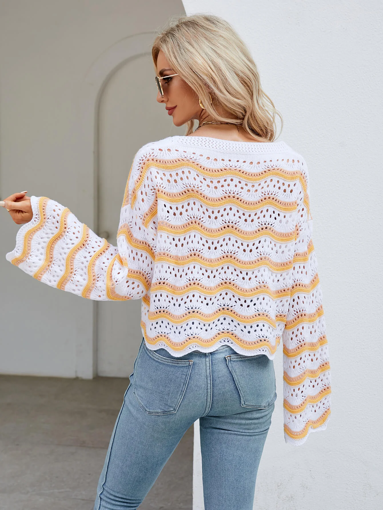 Reba Knit Striped Scalloped Hem Top - Yellow - Image 3
