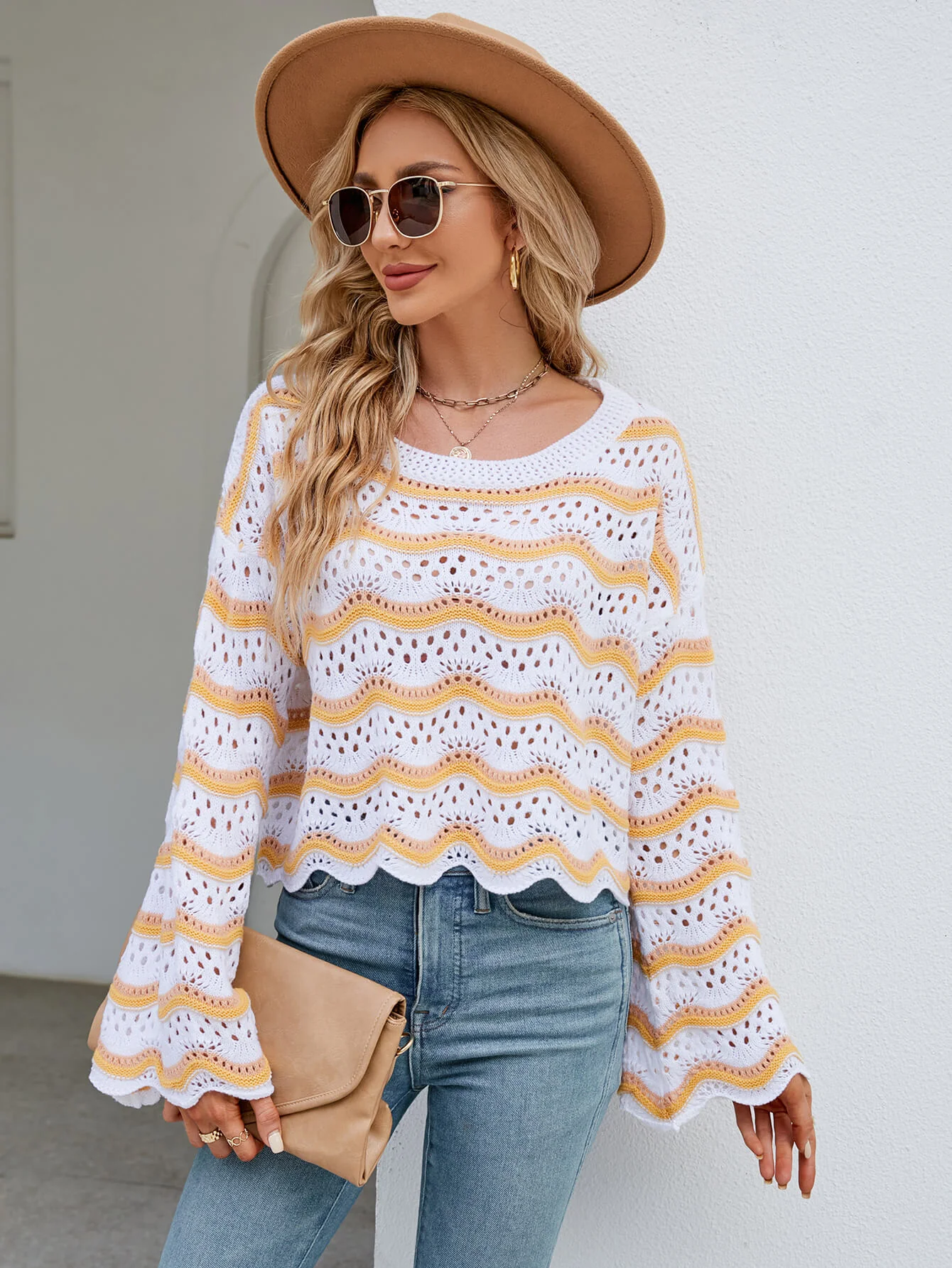 Reba Knit Striped Scalloped Hem Top - Yellow - Image 4