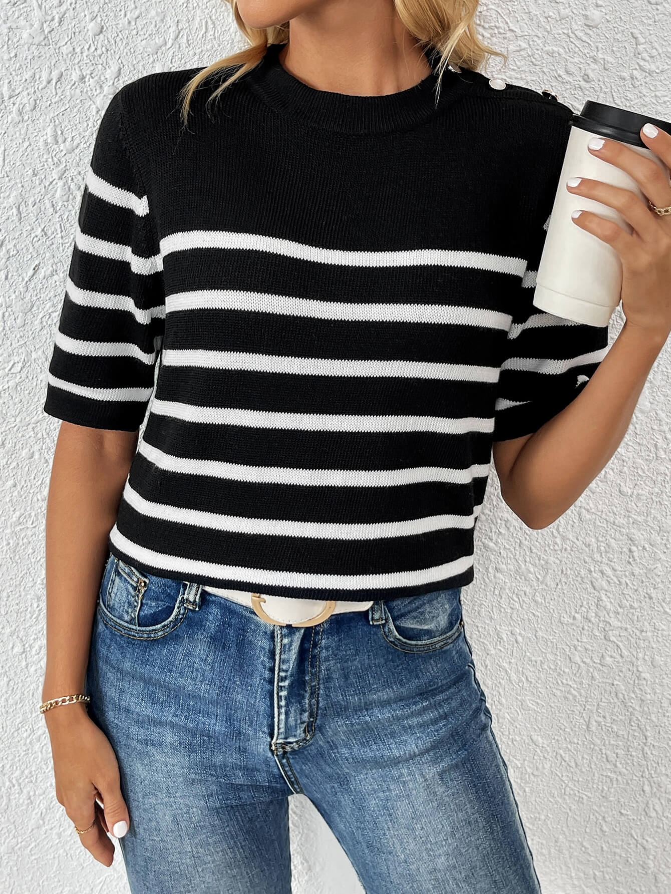 Regatta Striped Crew Neck Short Sleeve Knit Top - Black - Image 2