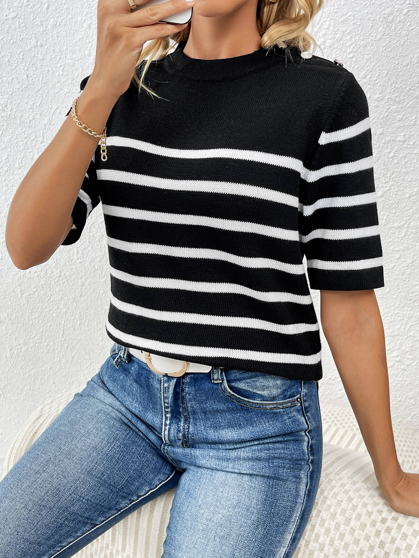 Regatta Striped Crew Neck Short Sleeve Knit Top - Black - Image 4