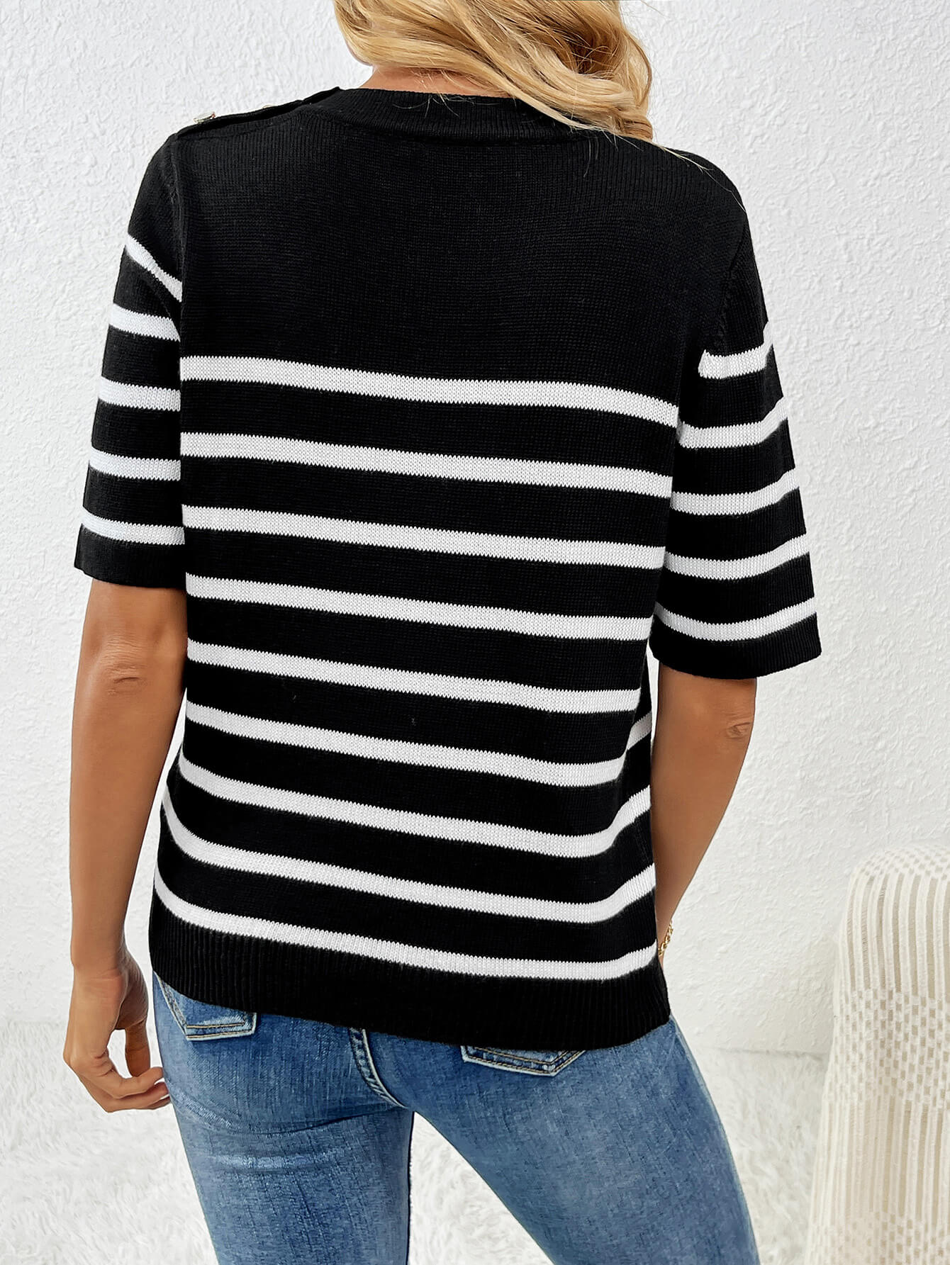 Regatta Striped Crew Neck Short Sleeve Knit Top - Black - Image 5