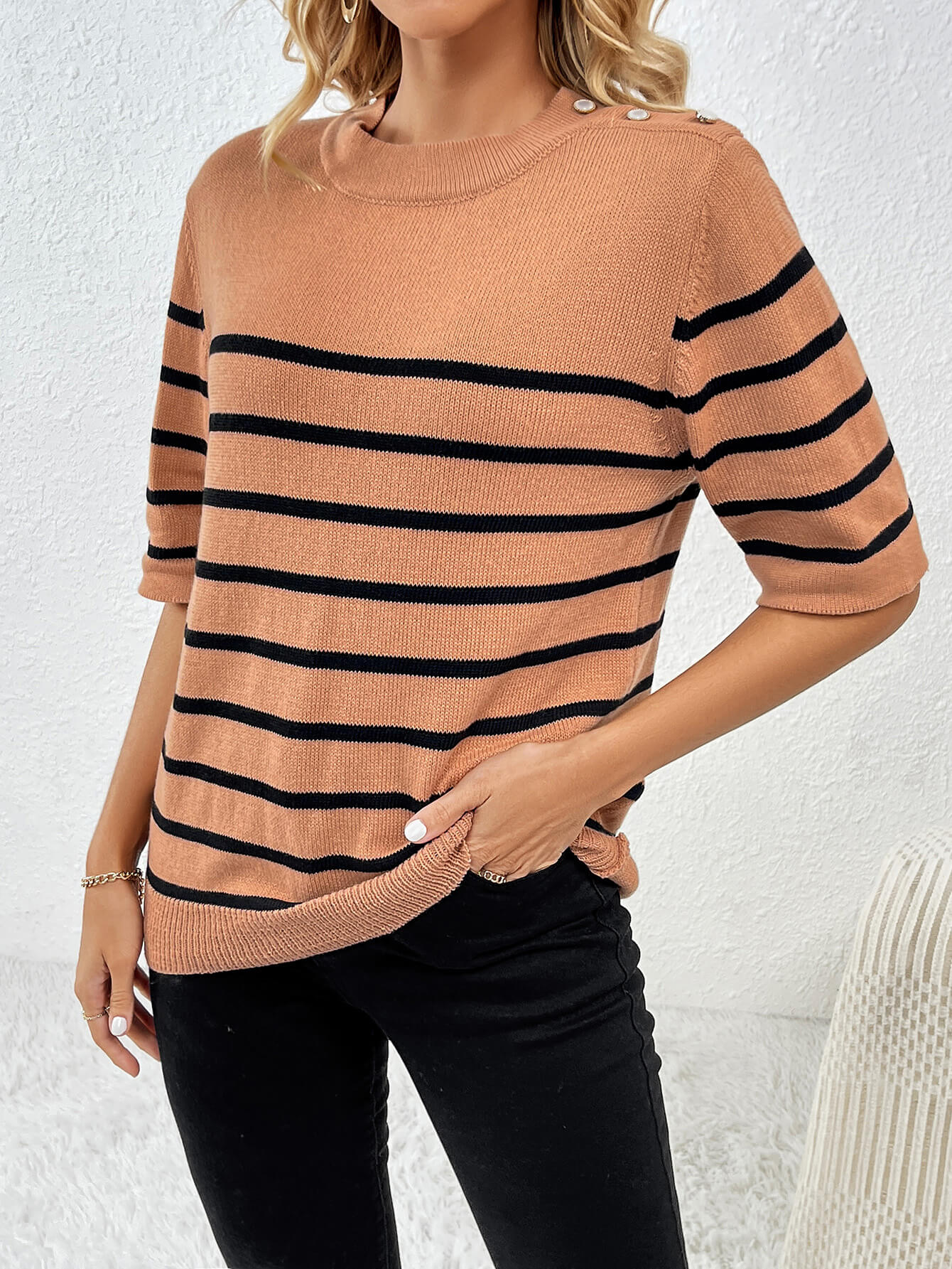 Regatta Striped Crew Neck Short Sleeve Knit Top - Khaki - Image 2