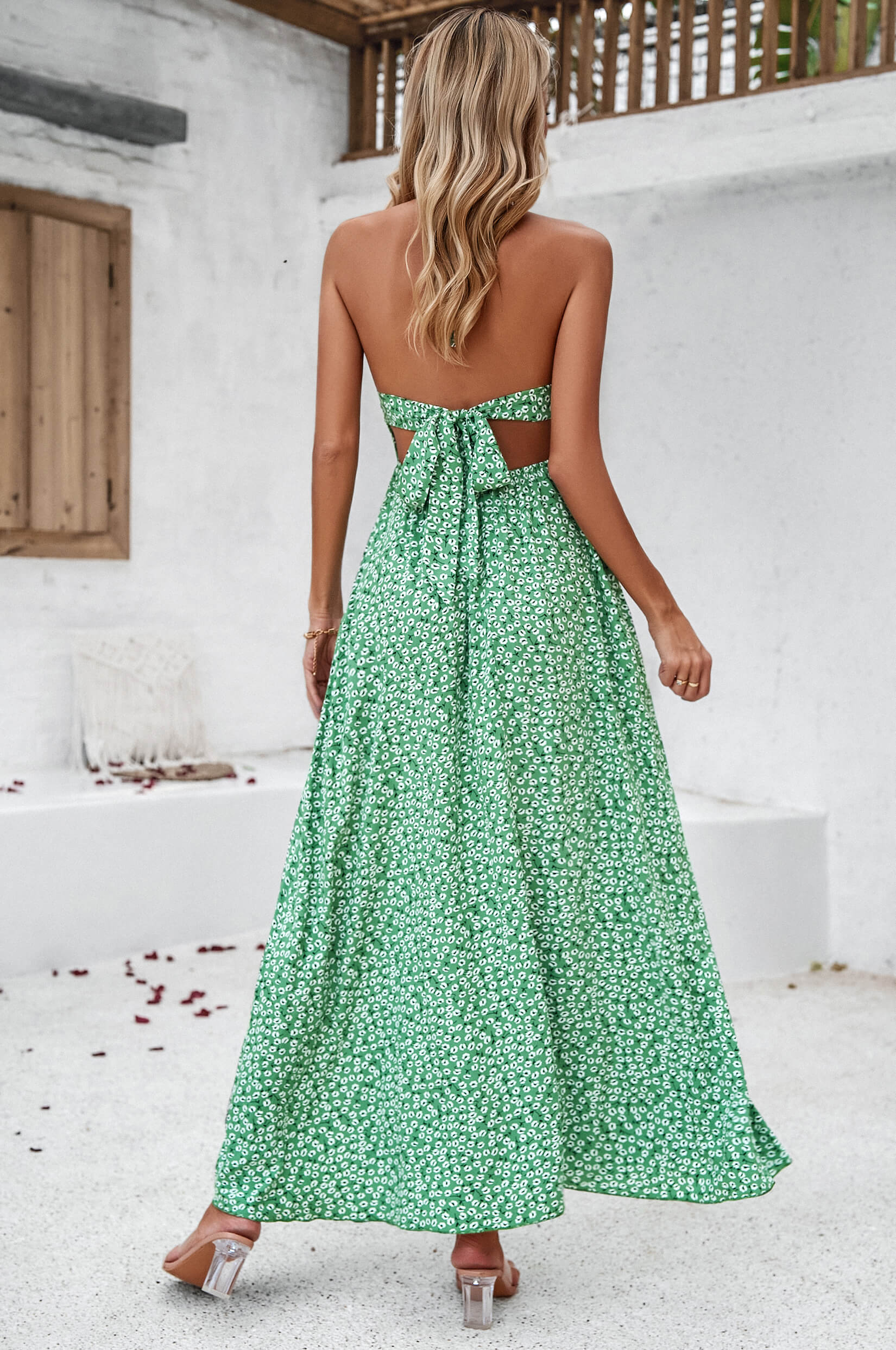 Renata Halter Neck Spotted Tie Back Maxi Dress - Green - Image 3