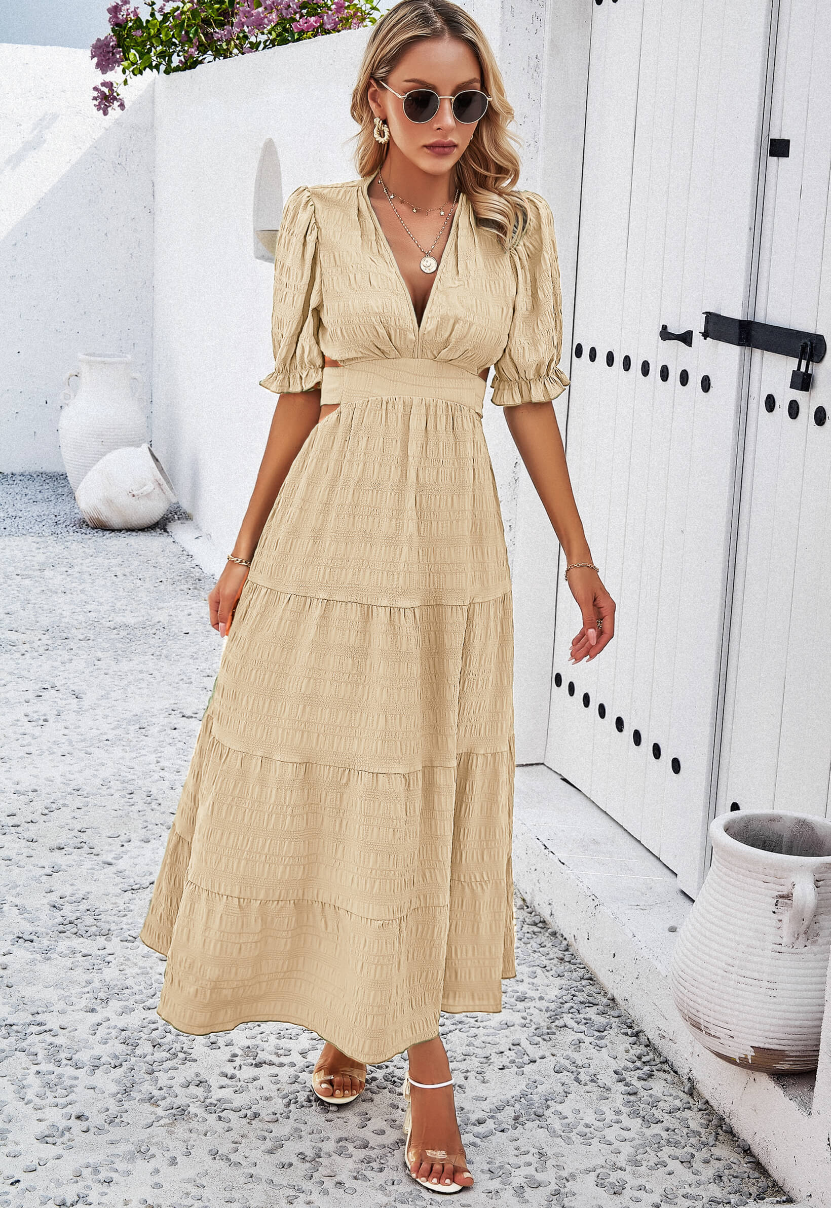Rhea Tiered Cutout Maxi Dress - Taupe - Image 3