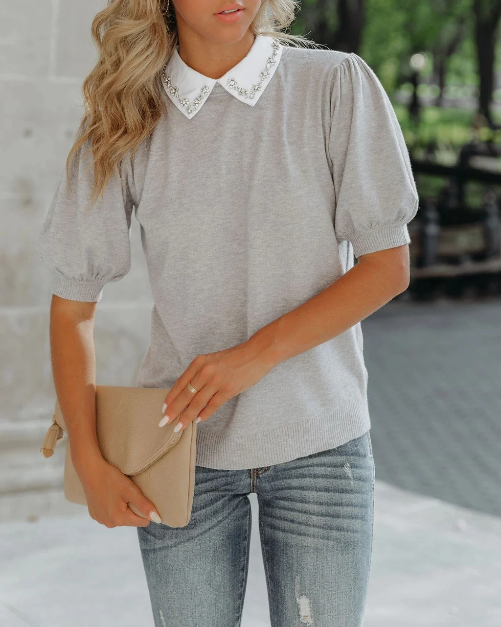 RHINESTONE COLLAR KNIT TOP - GREY - Image 3
