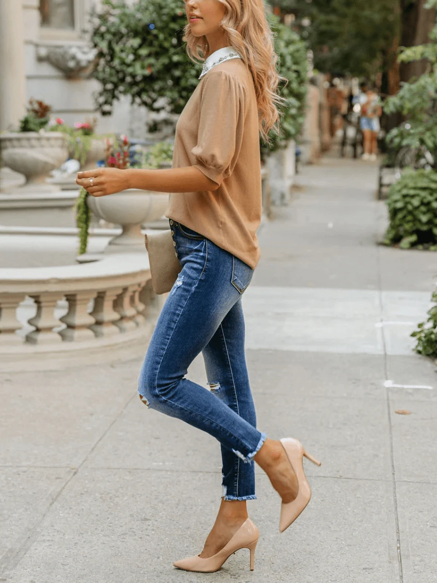 RHINESTONE COLLAR KNIT TOP - KHAKI - Image 2