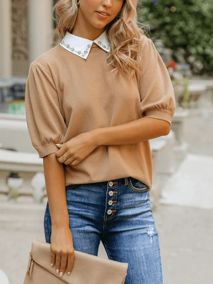 RHINESTONE COLLAR KNIT TOP - KHAKI - Image 6