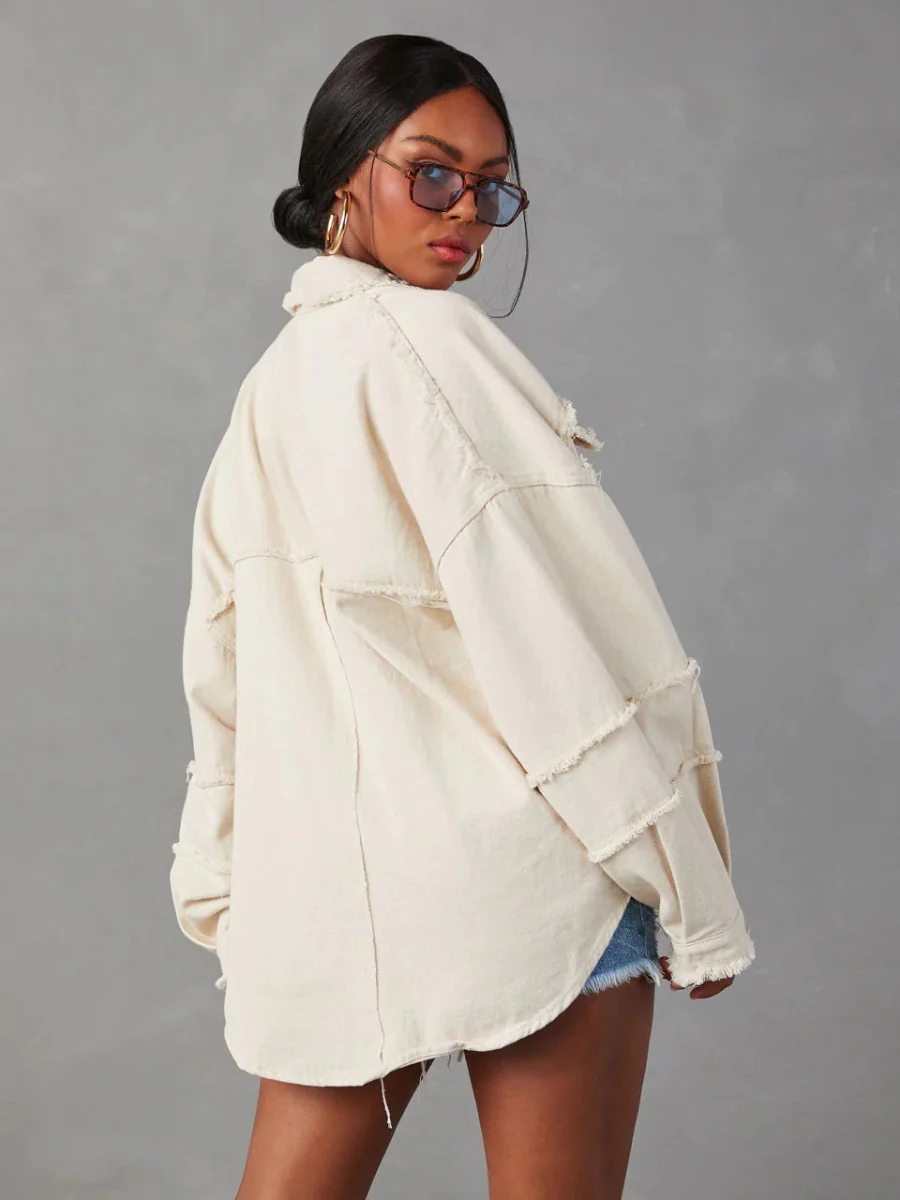 Rock Doll Frayed Denim Shacket - Beige - Image 3