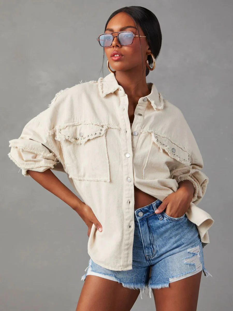 Rock Doll Frayed Denim Shacket - Beige - Image 4
