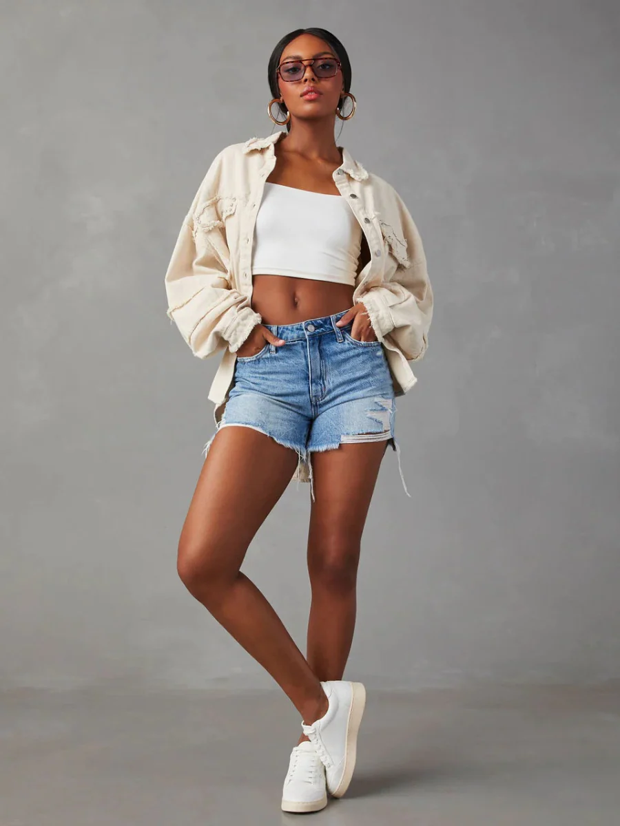 Rock Doll Frayed Denim Shacket - Beige - Image 5