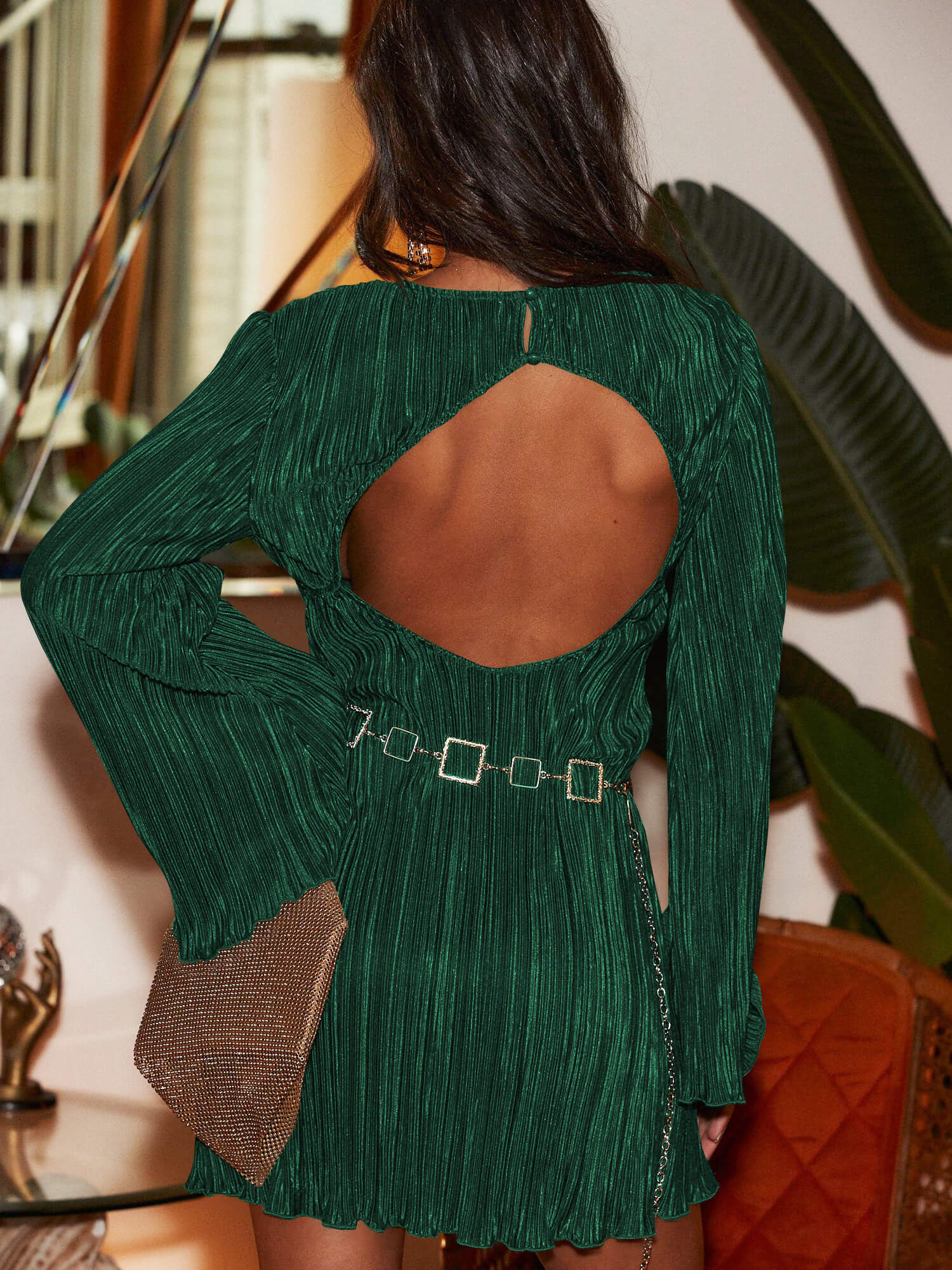 Rodeo Nights Plisse Bell Sleeve Mini Dress - Emerald - Image 4